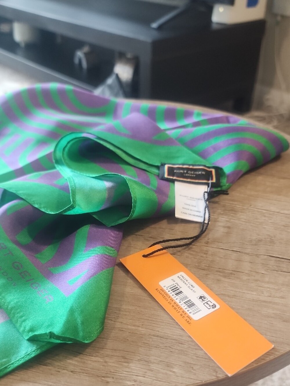 Kurt Geiger Green & Purple Geometric Silk Neck Scarf - Picture 3 of 11